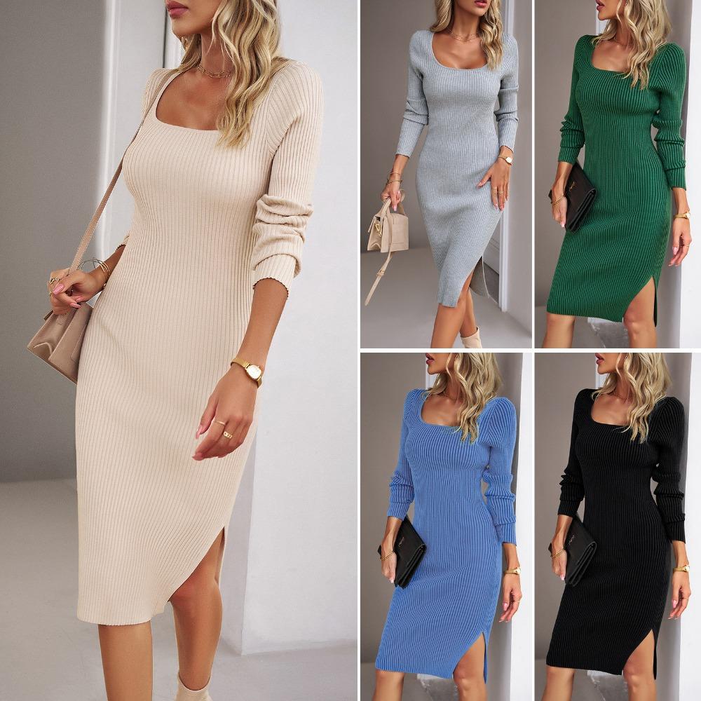 Square Neck Woolen Dress, Autumn and Winter Elegant Hip-hugging Long Skirt