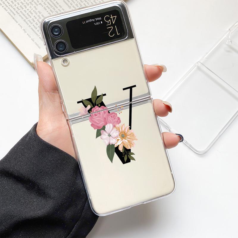 Flower Letters S Fashion Phone Case For Samsung Galaxy Z Flip 3 4 5 6 7 Hard Folding Z Flip4 Clear PC Cover Protector Gift