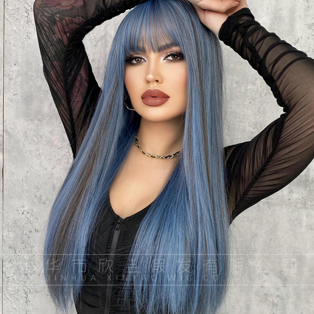 High Quality European American 24 Inch Blue Wig Women With Long Straight Hair Bangs Mermaid Dyed Gray Fiber Full Head Cover