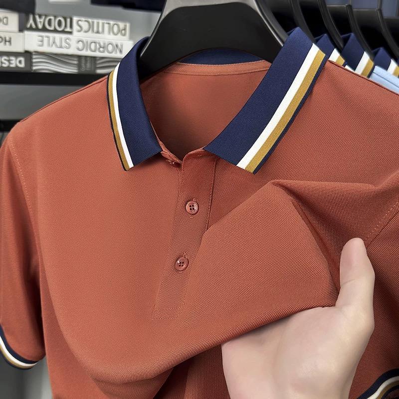 Luxury Fashion Short Sleeve Polo Shirt Men Summer High-end Ice Silk Breathable Personality Striped Color Matching Lapel T-shirt