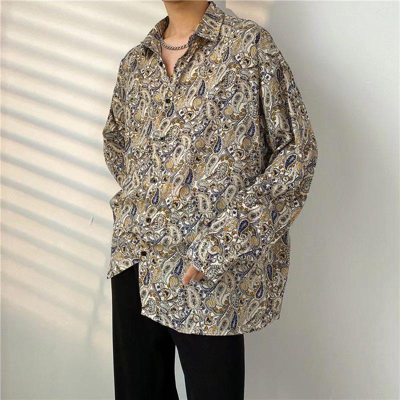 Men's Japanese-Style Full Print Long Sleeve Shirt - Casual, Trendy, Hong Kong-Style Cardigan for Spring/Autumn