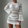 Women Crochet Beach Dress Bathing Suit Cover Up Female Long Sleeves Beach Cover Up Hollow Out Swimsuit Cover Up