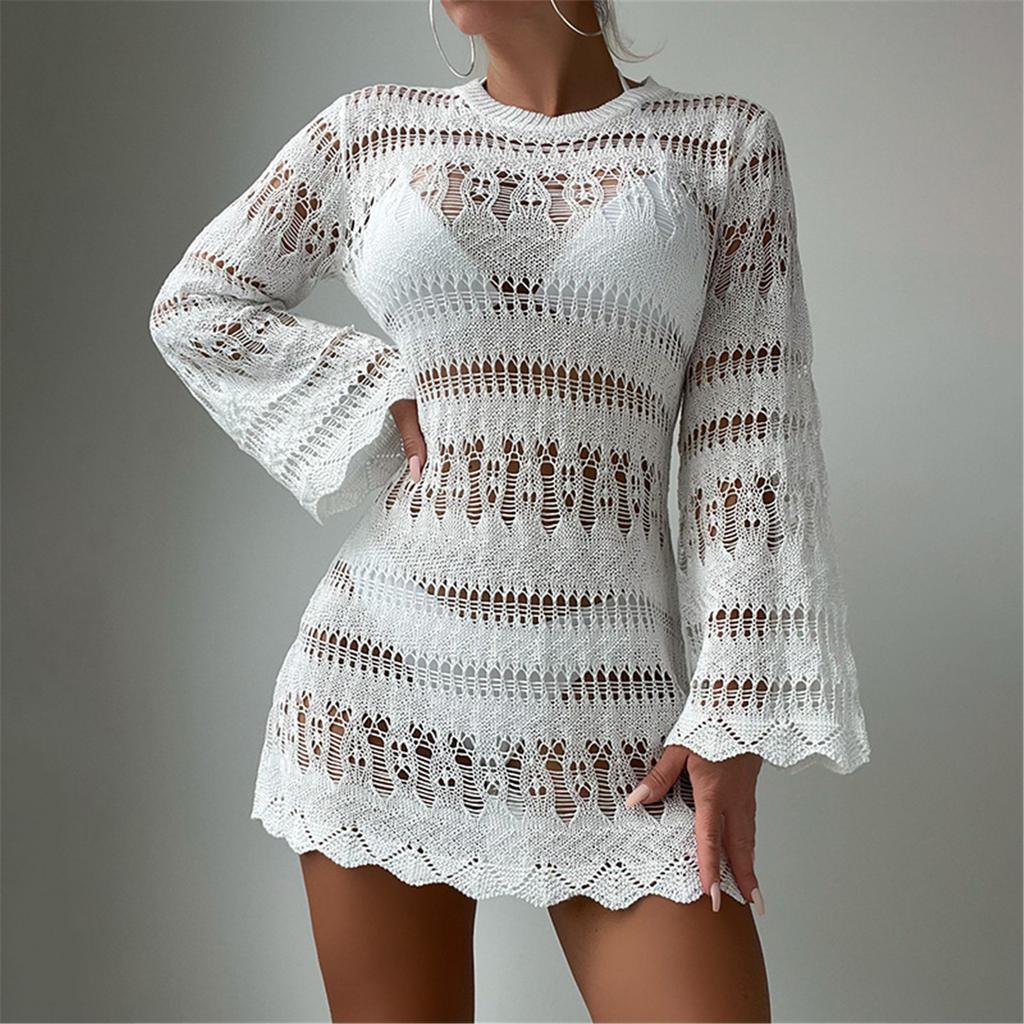 Women Crochet Beach Dress Bathing Suit Cover Up Female Long Sleeves Beach Cover Up Hollow Out Swimsuit Cover Up