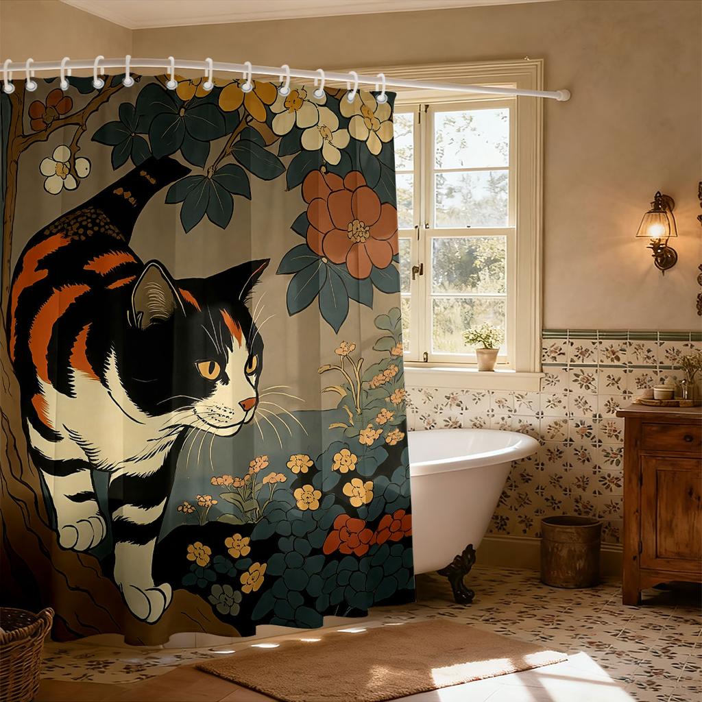 1PC Vintage Ukiyo-e Calico Cat Floral Waterproof Shower Curtain, Privacy Partition Hanging Curtain for Bathroom