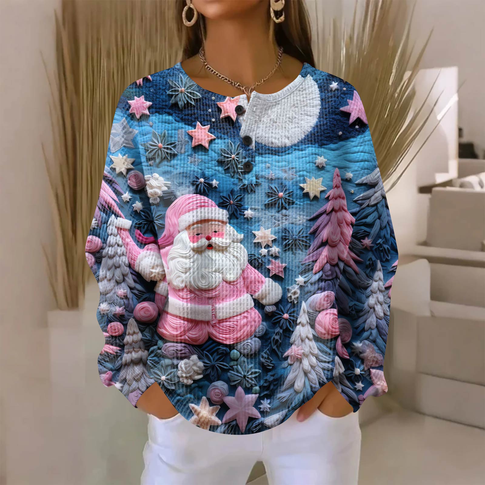 

Женская модная повседневная блузка с принтом на рождественскую тематику, V-образным вырезом, длинными рукавами и застежкой на пуговицы S