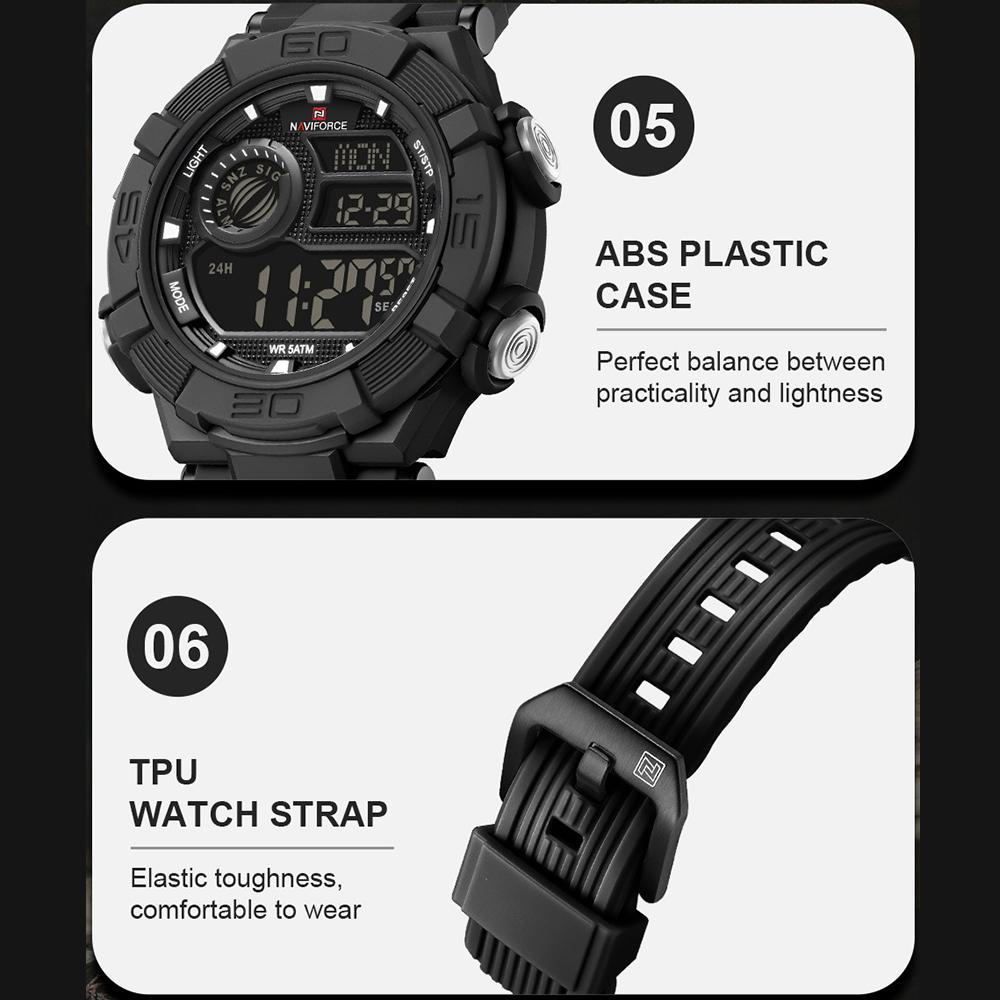 Naviforce Men LCD Watch Ditital Movement Lightweight Silicone Strap 50m Waterproof Calendar Date Alarm Night Pattern Boy Gift Watch NF7131