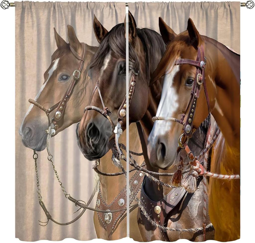Horse Window Curtains, Western Wild Horses Under Cherry Curtains For Living Room,Country Style Rustic Farm Animal Horse Pink