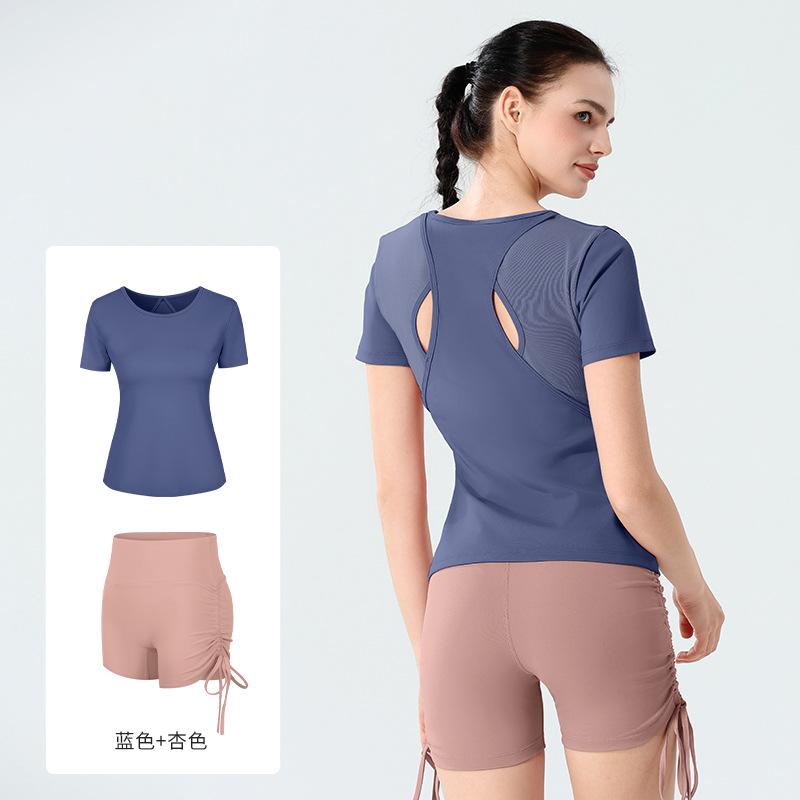 European and American spring and summer mesh splicing yoga suit women's short-sleeved tight fitness suit breathable quick-drying sportswear
