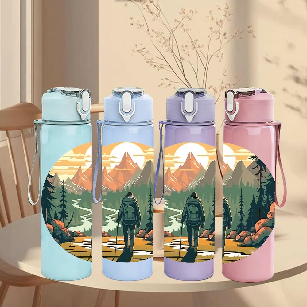 1PC Mountain Forest Scenery Landscape Print 750ml Color Plastic Sports Water Bottle Leakproof Flip Straw Lid Suitable for Sports Office Home Use