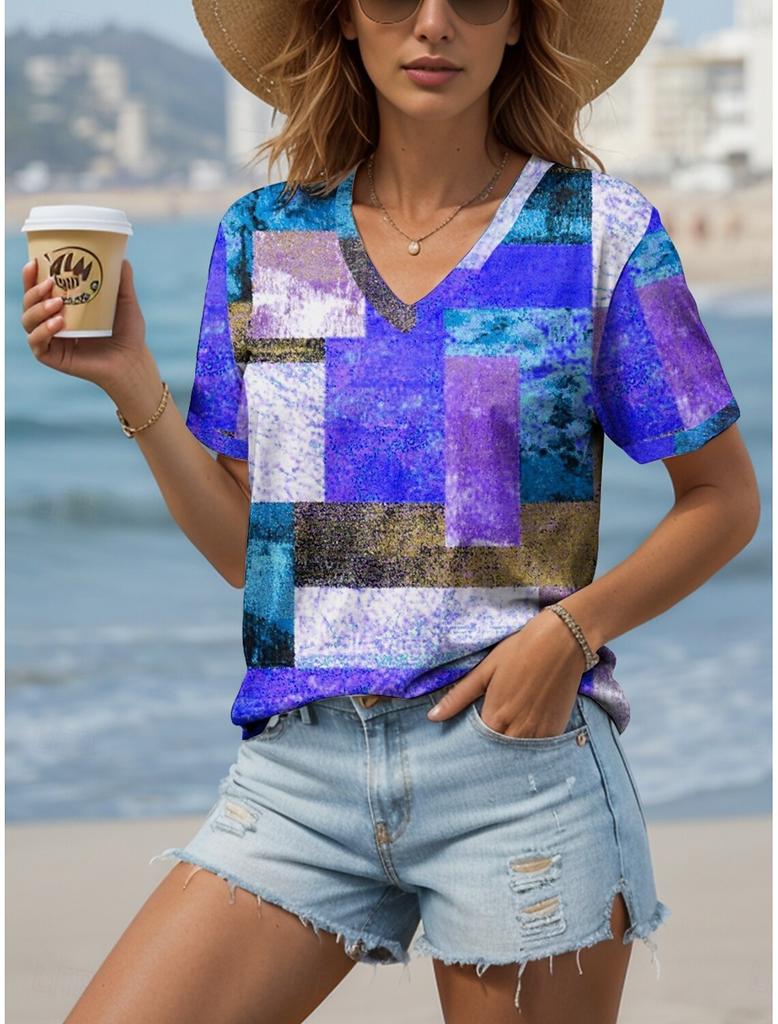 Women's T-Shirts Geometric Color Blocks Graphics Fashion Short Sleeved V-Neck Regular Tops Daily Prints Tee Summer Casual Tops