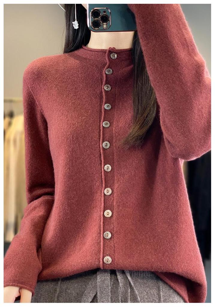 Autumn & Winter Women's Wool Cardigan: Half-High Round Neck, Fashionable Multi-Button, Loose-Fit Knit Base Layer