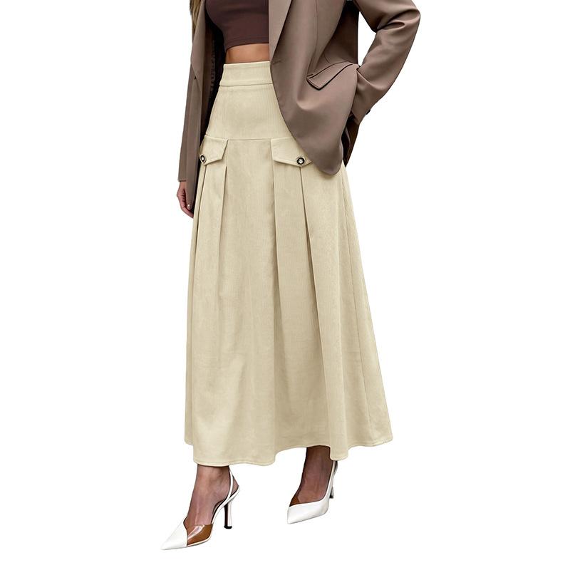 2026 Autumn/Winter New Style Business Casual Linen High-Waisted Pleated Mid-Length A-Line Skirt
