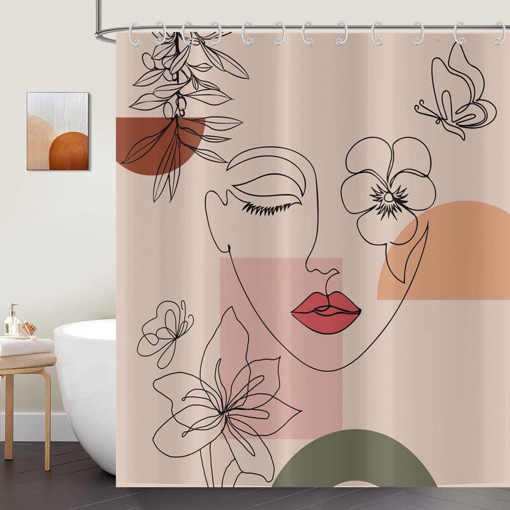 Bohemian Style Abstract Modern Floral Rose Face Shower Curtain 180X 180Cm Waterproof Shower Curtain With 12 Hooks