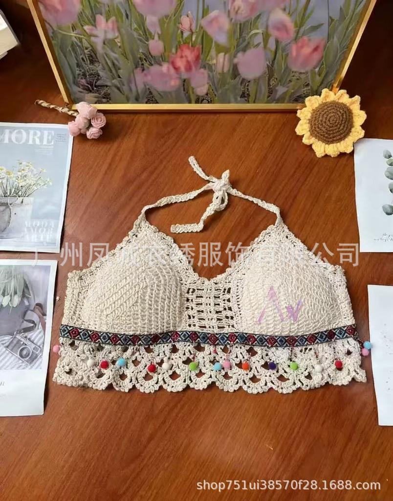 Summer new careful machine sexy backless seaside vacation neck knitted short outerwear top sling vest