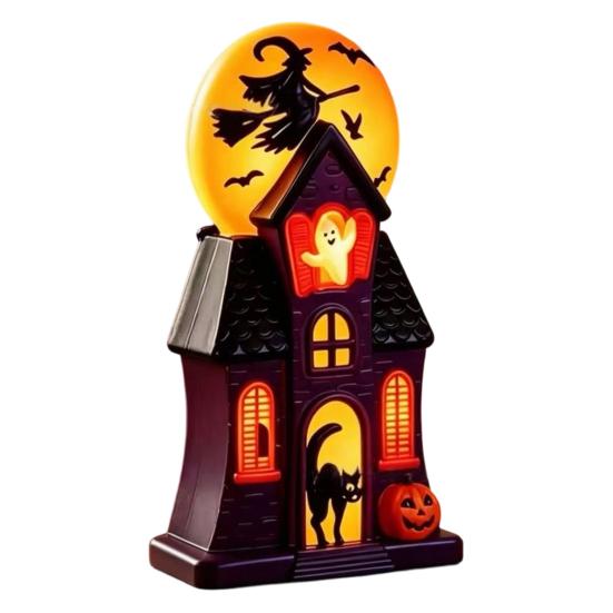 Witch Moon Glow Lanterns Halloween Haunted House Blow Mold Light, Vintage Pre-Lit Mansion Decor with Glowing Style Molded Ghost Black Cat, Indoor