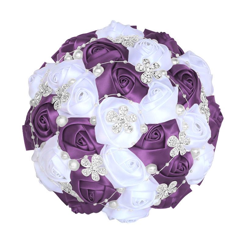 European & American Elegant Ribbon Flower Bridal Bouquet – Beaded Five-Flower Design