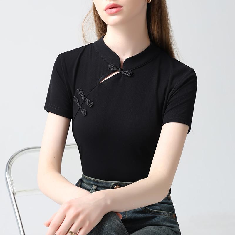 Top cu guler cheongsam cu plăcuță înclinată în stil chinezesc Nou îmbrăcăminte nouă pentru femei, tricou cu mânecă scurtă cu guler în picioare în stil chinezesc pentru femei