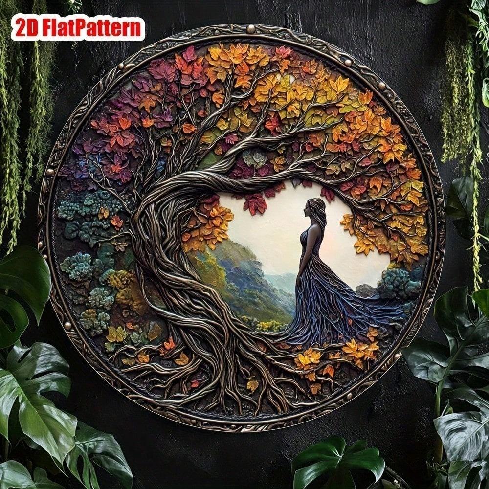 Old Money Tree Hole Aluminum Wall Art 8x8 Inch Round Metal Medallion for Home Office Decor