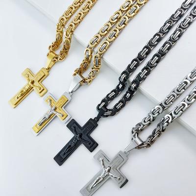 New Flat Chain Necklace Stainless Steel Cross Pendant Jewelry Accessories