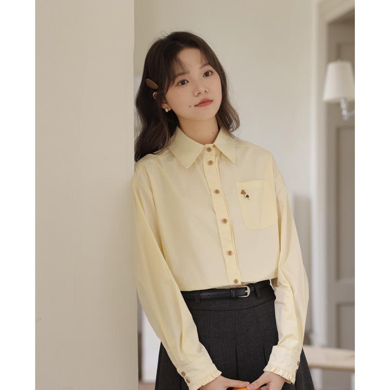 Women's Yellow Long Sleeve French Embroidery Polo Collar Shirt - Versatile, Professional, Casual Blouse