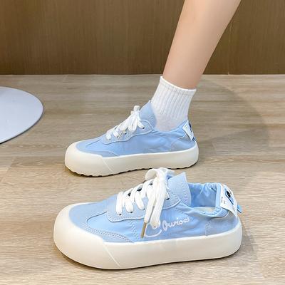 Little White Shoes Women'S Summer Ice Silk Canvas Surface Breathable Casual Big Head Lace-Up Flat Bottom Sports Young Students Ugly Cute Shoes