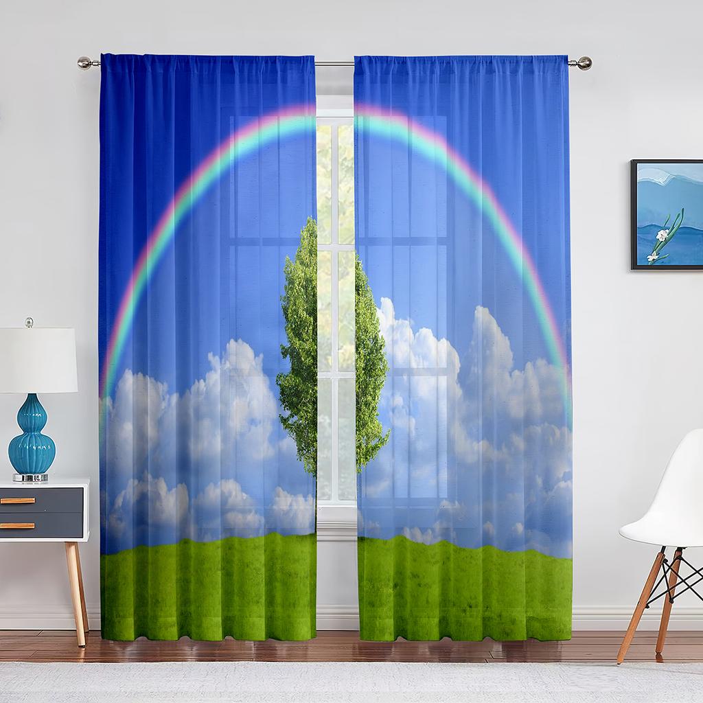 Idyllic Spring Meadow On The Mountains with Flowers Rainbow Sheer Voile Curtains for Living Room Kitchen Window Tulle Curtain