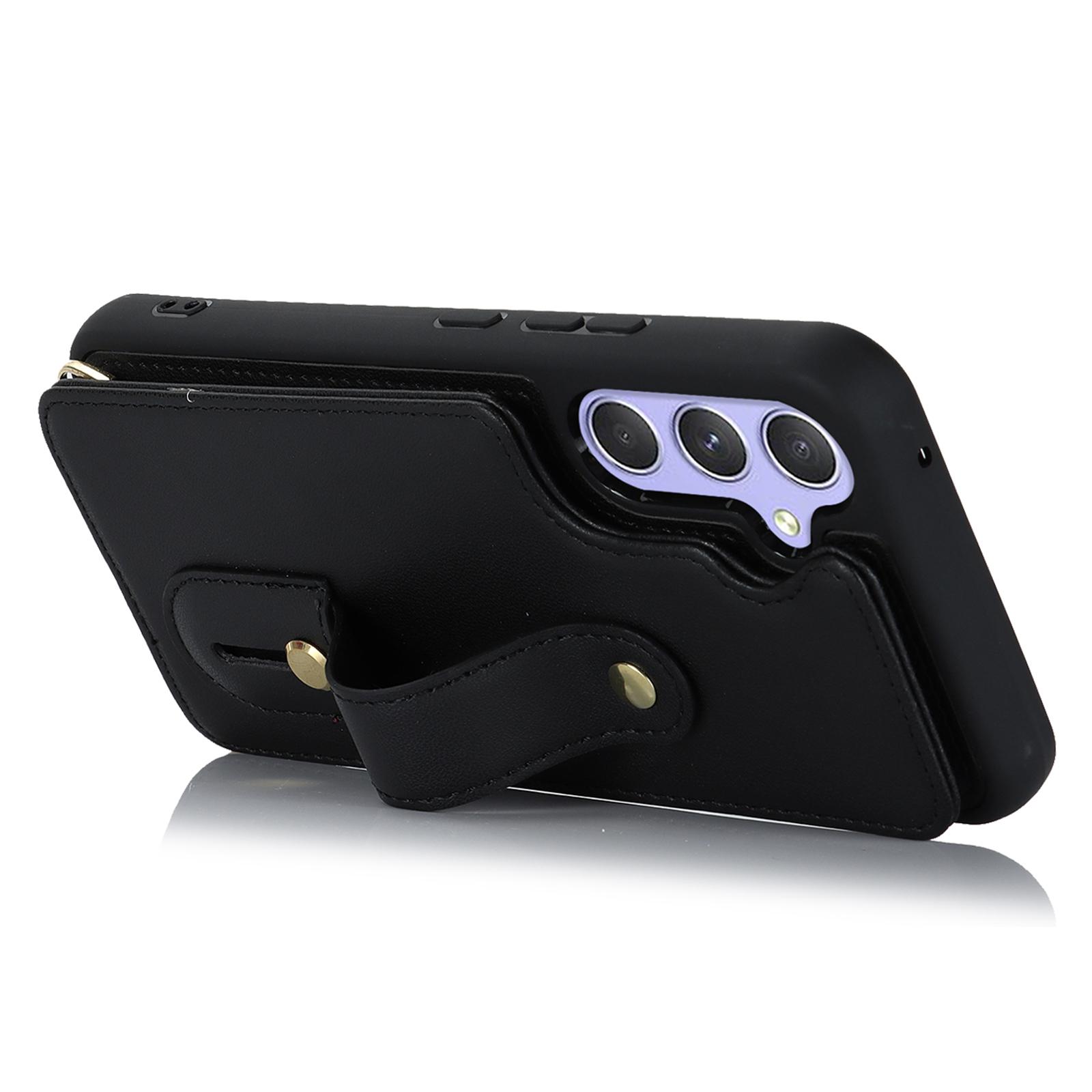 

For Samsung Galaxy S25+ Case Kickstand Card Slots Leather Coated TPU Cover with Shoulder Strap Black