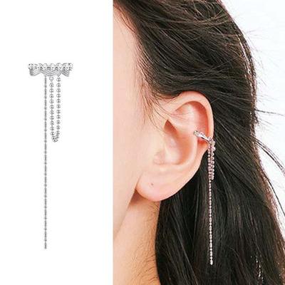 Pırlanta Kakmalı Dalga Zincirli Püsküllü Küpe Klipsleri, Kulak Delsiz Kişiselleştirilmiş Tatlı ve Havalı Rüzgar, Kulak Kemiği Klipsleri, Sıra Pırlantalı Çift Katmanlı Küpeler