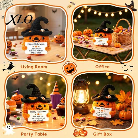 Halloween Häkelkürbis Dekor Handgemacht Positiv mit Hexenhut, Herbst Boo Korb Füller, Gemütliche Herbst Wohnaccessoires Mini Gestrickte Plüschfigur,