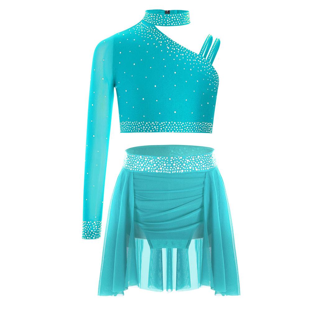 Girls Sparkly Rhinestones Crop Top Ruched Irregular Dance Skirt Figure Skating Gymnastics Set