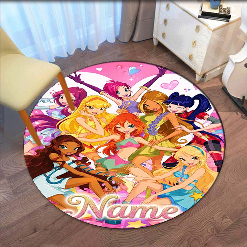 Custom Name Winx Club Printed Round Rug Carpet Chair Rug Area Rug Entryway Doormats,for Office Chair Living Room Bedroom Kitchen Room.