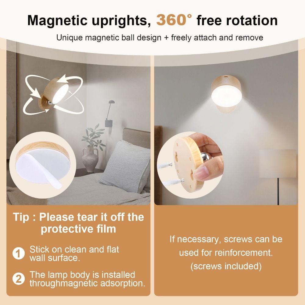 360° Rotating Wooden Wall Mounted Lamp Dimmable Touch Control LED Wall Sconce Magnetic Mountin Double-sided Magnetic Night Light