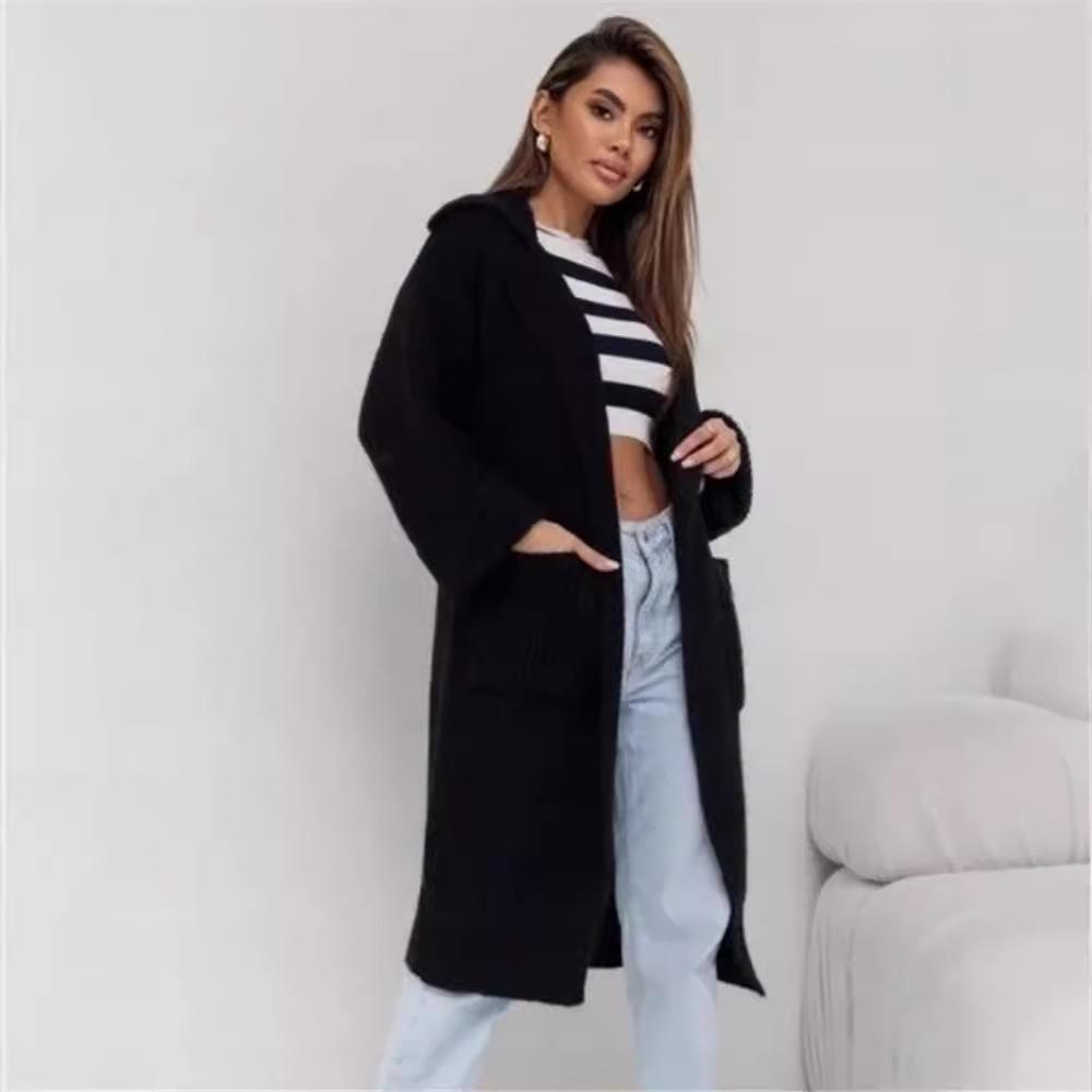 2025 Women's Mid-Length Thickened Lapel Pocket Knit Cardigan Sweater Coat