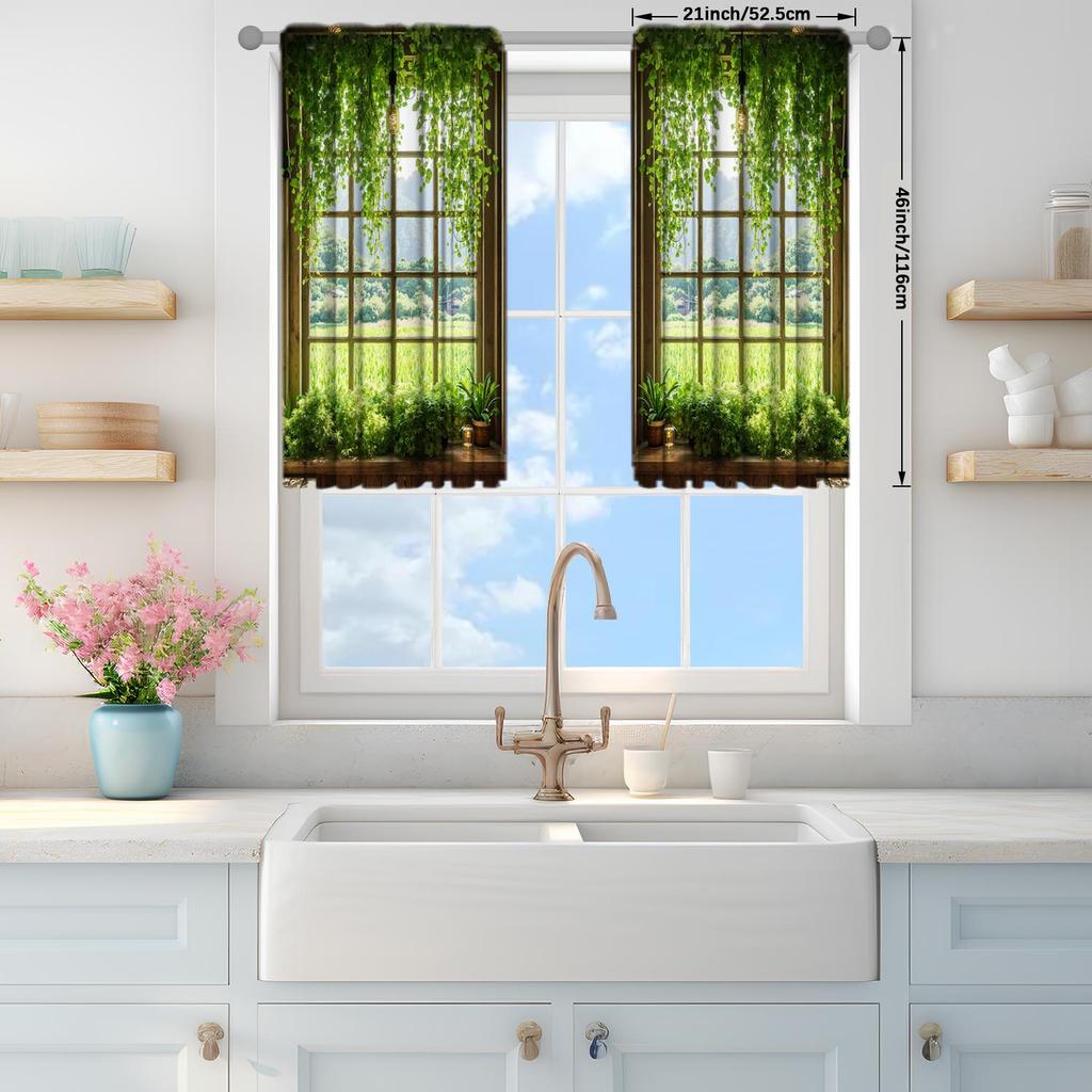 2pcs Green Landscape Window Printed Curtains   Shade and Privacy Protection   Suitable for Decorating Various Rooms