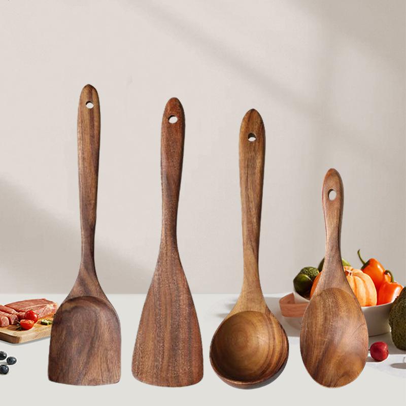 Wood Soup Spoon Food Shovel Spatula Nonstick Wood Frying Spatula Rice Spoon Cooking Tools 4PCS Household Kitchen Utensil Set
