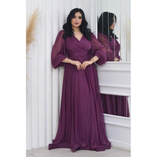 Zweireihiges Abendkleid mit Kragen, Gürtel und Ballonärmeln aus glitzerndem Tüll TE Settür Abendkleid