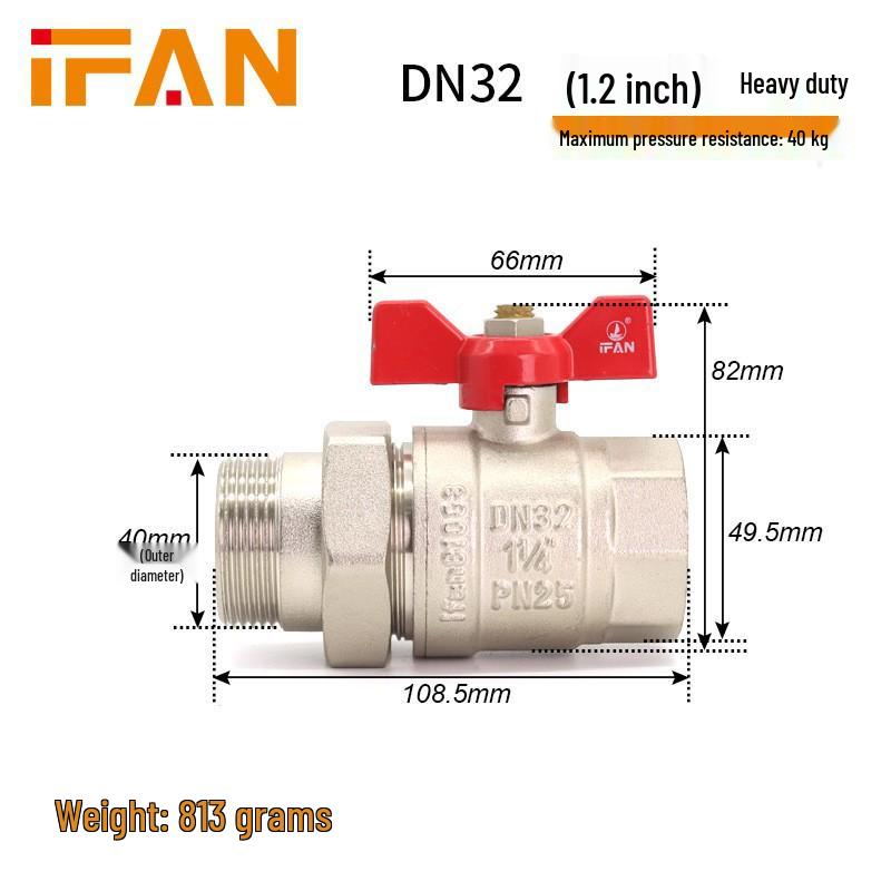 Thickened Brass DN32 Copper Ball Valve, Male & Female Threads, 1-Inch Valve with Union