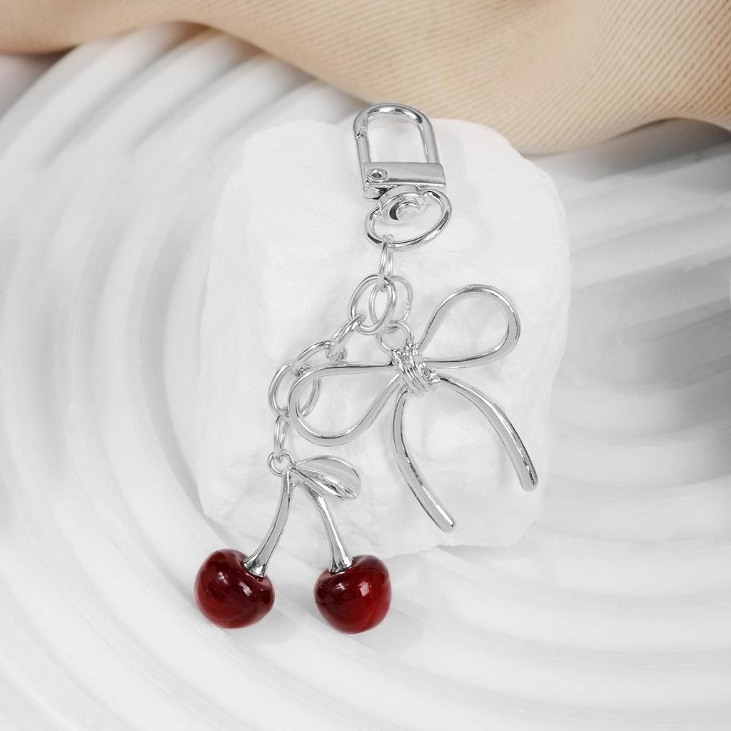 Elegant Pastoral Gold & Silver Chain Bowtie Faux Cherry Keychain Charm