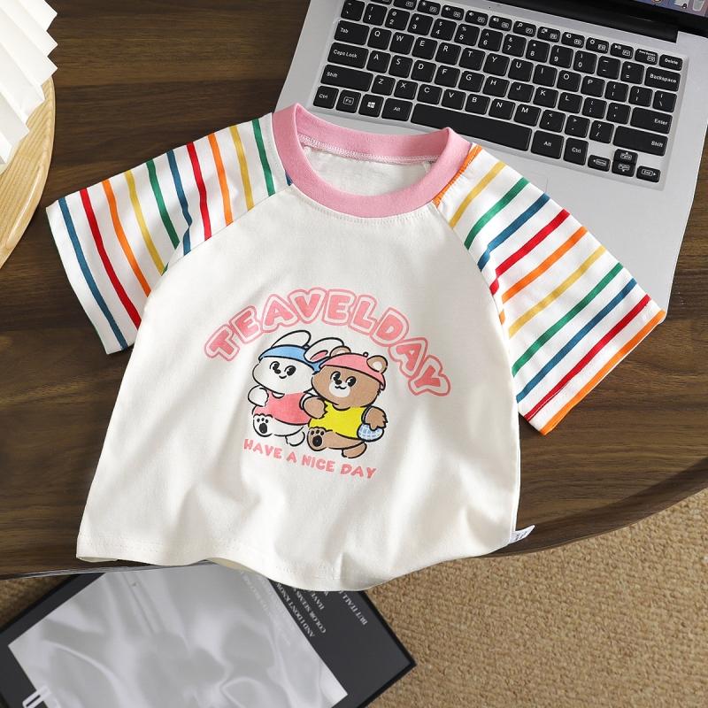 Summer Kids Tees Muslin Cartoon Printed Infant Babys Boys T-shirts Striped Short Sleeve Little Boys Tops Girls Shirts
