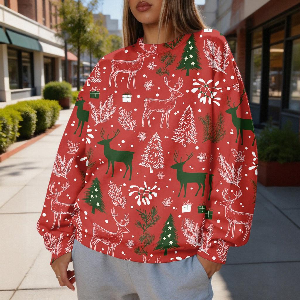 Women's Trendy Christmas Graphic Crewneck Sweatshirt Lightweight Casual Pullover Top for Holiday