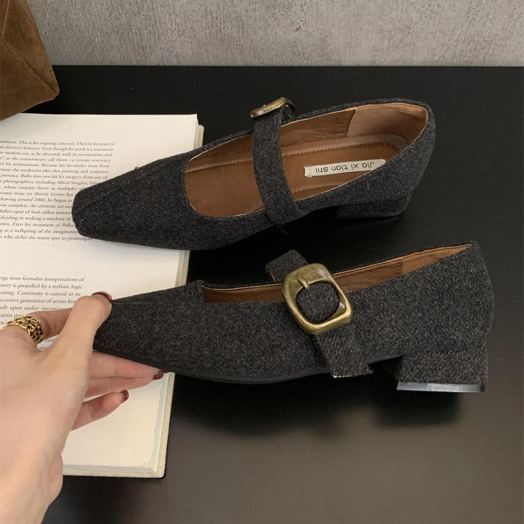Fashion Comfort Ballet Work Shoes for Women Belt Buckle Square Toe Chunky Heel Shoes Mid-heel Daily Mary Janes Retro Buckle Brown Shoes