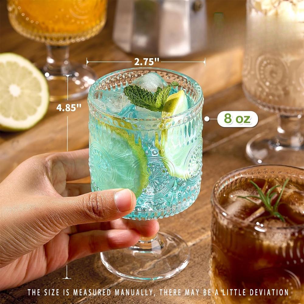 8 Oz Vintage Goblet, Sturdy and Durable with Sunflower Embossed Pattern On The Body Suitable for Ice Tea and Whiskey Parties