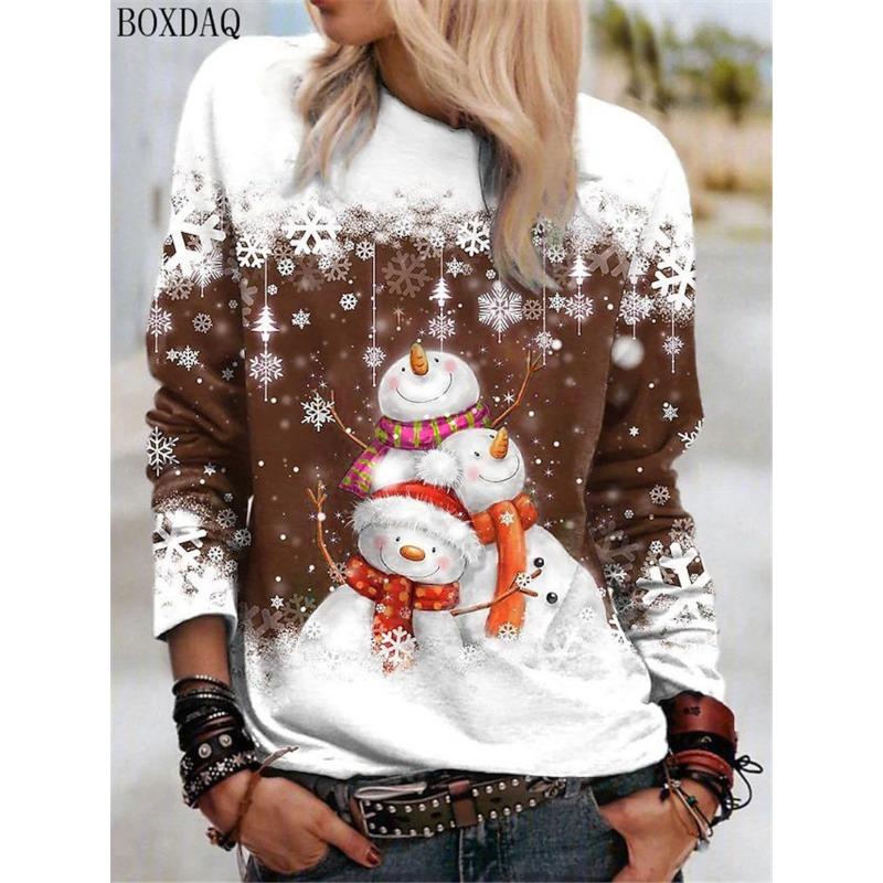 

Женские футболки с длинным рукавом и рисунком Рождественского снеговика, осень-зима, в уличном стиле, женские футболки с 3D-принтом, повседневные топы 6XL