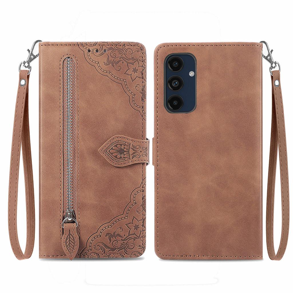For Samsung Galaxy A16 5G/A16 4G Zipper Wallet Case with Strap Flower Imprint PU Leather Phone Cover