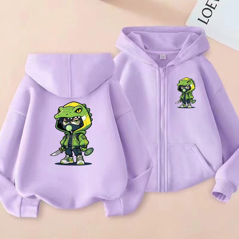 2026 New Style Children's Sporty Zippered Hooded Sweatshirt Casual Jacket with Cartoon Lizard Pattern for Ages 3 To 12