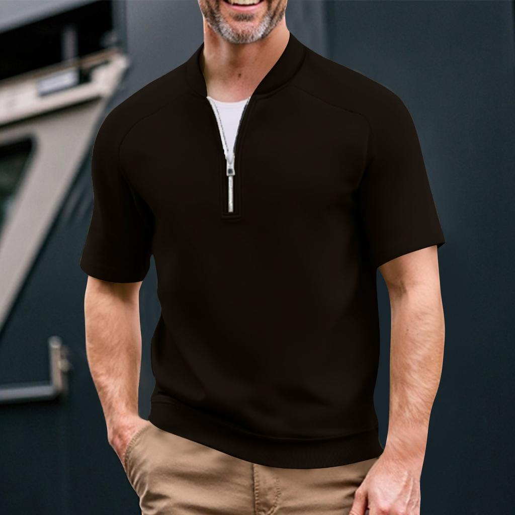 Men's Summer Solid Color Casual T-shirt Sports Breathable Zipper Collar Top