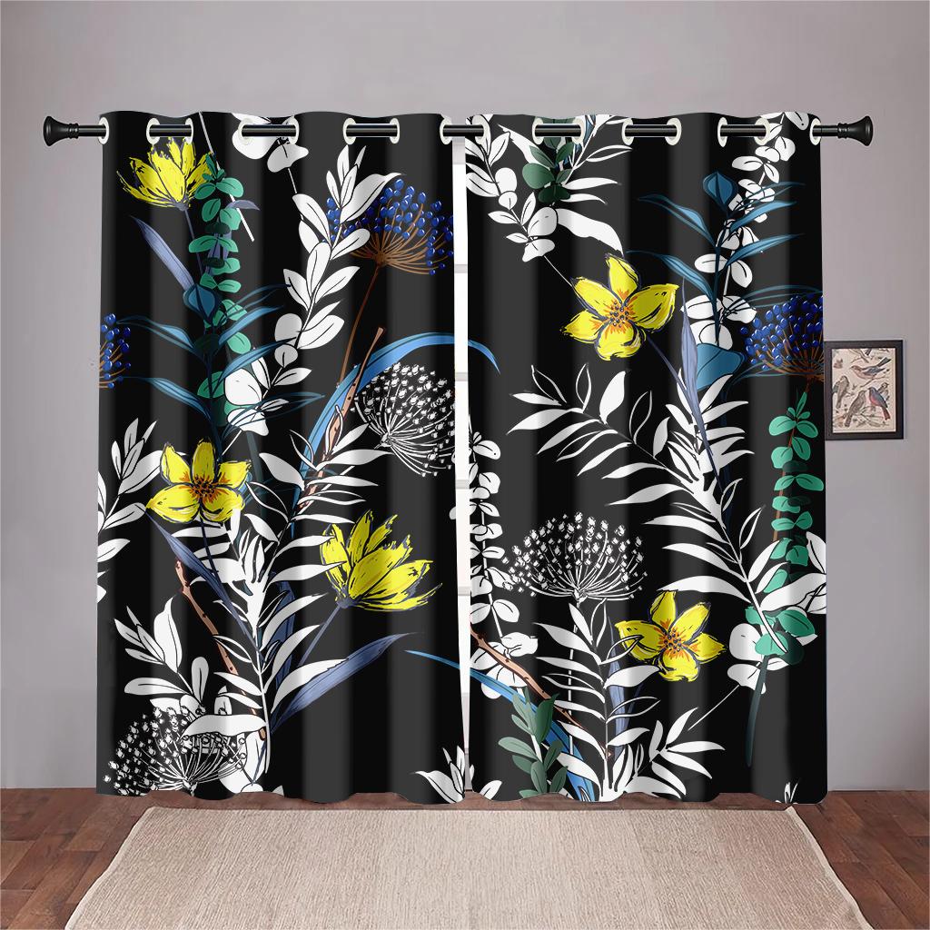 Blue Pink Floral Curtains Plant Flowers Leaves Black Background Curtains 2 Panel Living Room Bedroom Kitchen Dining Room Decor