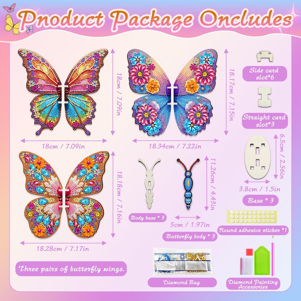 3 Stück DIY Schmetterling 3D Diamantmalerei Ornament für Erwachsene/Anfänger Geschenkidee Heimdekoration Edelstein Kunst Diamantmalerei Sets 18x18cm