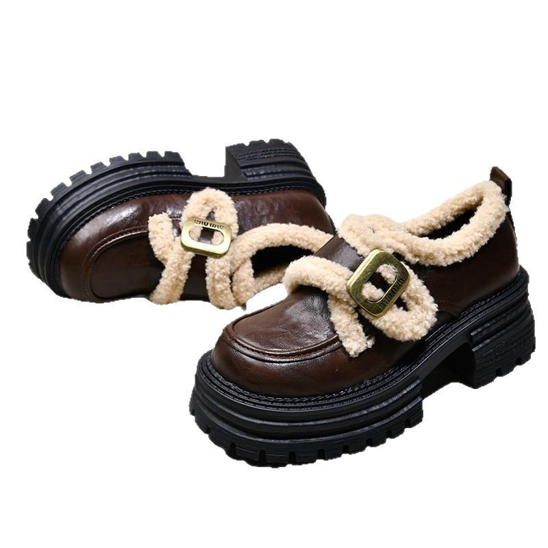 British Style Velvet Loafers Cotton Shoes for Women's 2025 Autumn and Winter New Thick-soled Thick-heeled Retro Fluffy Mary Jane Small Leather Shoes