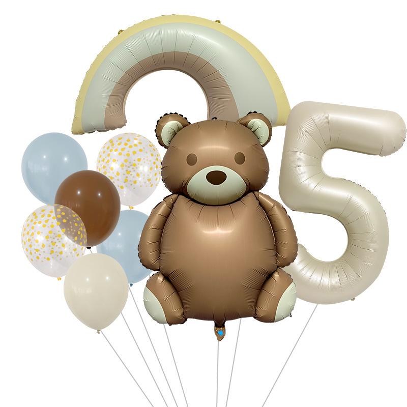 Cute Matte Teddy Bear Balloon Set Milk White Digital Aluminum Film Balloon Birthday Party Decoration Rainbow